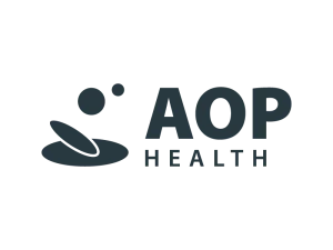 Logo von AOP HEALTH mit abstrakter Grafik aus Kreisen und Ellipsen links neben dem Schriftzug.