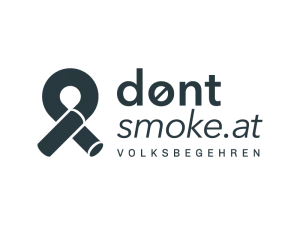 Logo des Volksbegehrens dontsmoke.at. Links ein stilisiertes Rauchverbotssymbol in Form einer durchgestrichenen Zigarette. Rechts daneben der Schriftzug "dont smoke.at – Volksbegehren"