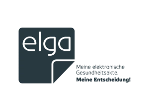 Logo der ELGA: links ein Quadrat mit abgerundeten Ecken, darin der Schriftzug "elga" und eine angedeutete umgeknickte Ecke. Rechts daneben der Text: "Meine elektronische Gesundheitsakte. Meine Entscheidung!"