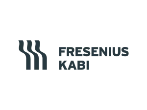 Logo von Fresenius Kabi mit vier wellenförmigen vertikalen Linien links und dem Schriftzug "Fresenius Kabi" in Großbuchstaben rechts daneben.