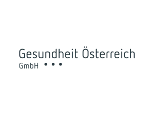 Logo der Gesundheit Österreich GmbH mit modernem Schriftzug und drei Punkten in einer Linie unterhalb des Textes.