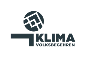Logo des Klima-Volksbegehrens mit stilisiertem, geometrischem Muster in einem Kreis und dem Schriftzug "Klima Volksbegehren" daneben.
