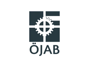 Logo der ÖJAB: Vier geteilte Rechtecke mit Zahnrad in der Mitte, darunter der Schriftzug "ÖJAB" in Großbuchstaben.