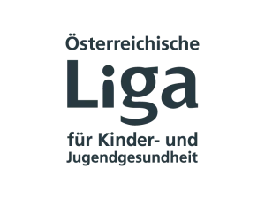 Logo der Österreichischen Liga für Kinder- und Jugendgesundheit. Der Schriftzug "Liga" steht groß und zentriert zwischen den Zeilen "Österreichische" und "für Kinder- und Jugendgesundheit".