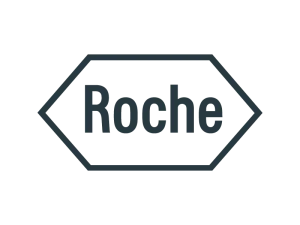 Logo von Roche: schwarzer Schriftzug "Roche" in einem sechseckigen Rahmen mit spitzen Ecken.