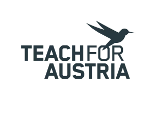 Logo von Teach For Austria mit großem Schriftzug "TEACH FOR AUSTRIA". Über dem Wort "FOR" fliegt ein stilisierter Kolibri nach rechts.