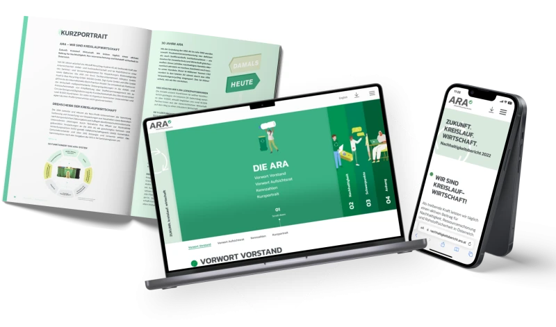 Nachhaltigkeitsbericht der ARA auf verschiedenen Medien: Magazin, Website auf Laptop und mobile Ansicht auf Smartphone